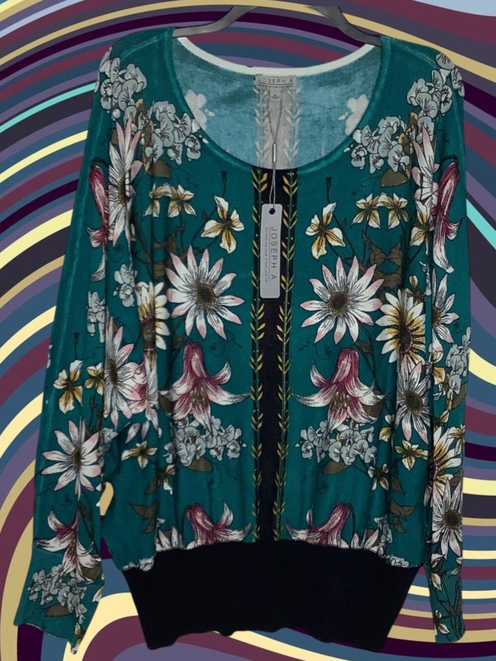 NWT Joseph A Sweater Top Womens XL Floral Blue Green Black Gold Long Sleeve Knit